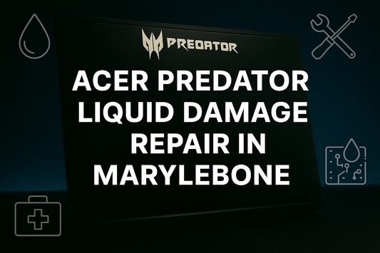 Acer Predator Liquid Damage Repair in Marylebone – Professional laptop repair service with water damage icons and Predator branding