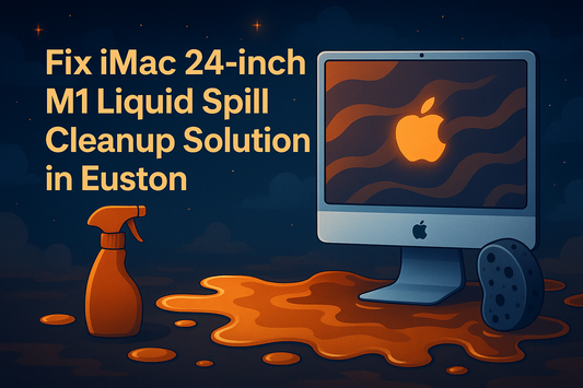 Illustrated graphic for Fix iMac 24-inch M1 liquid spill cleanup solution in Euston, featuring an iMac with glowing Apple logo, orange liquid spill, spray bottle, and sponge against a dark blue background.