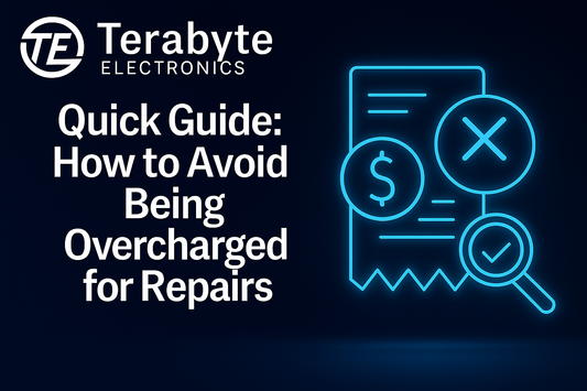 Quick guide on how to avoid being overcharged for repairs – Terabyte Electronics blog image with neon icons showing invoice, dollar symbol, and magnifying glass.