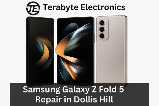 Terabyte Electronics – Samsung Galaxy Z Fold 5 smartphones shown in folded, unfolded, and rear views on a white background, highlighting repair services in Dollis Hill.