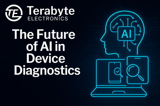AI-powered device diagnostics concept – Terabyte Electronics blog image with glowing neon outline of human head, AI chip, laptop, and smartphone icons.
