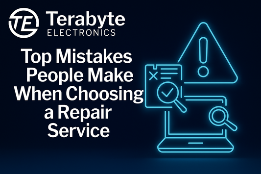 Common mistakes when choosing a repair service – Terabyte Electronics blog image featuring neon icons of warning sign, checklist, and magnifying glass over a laptop.