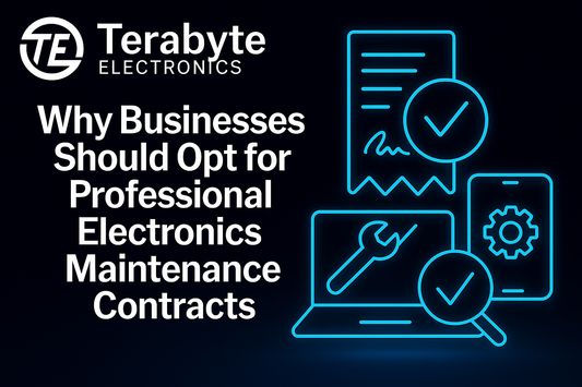 Professional electronics maintenance concept with laptop, checklist, and gear icons glowing blue – Terabyte Electronics blog image for Why Businesses Should Opt for Professional Electronics Maintenance Contracts