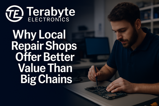 Technician repairing a device circuit board – Terabyte Electronics blog image for article on why local repair shops offer better value than big chains.