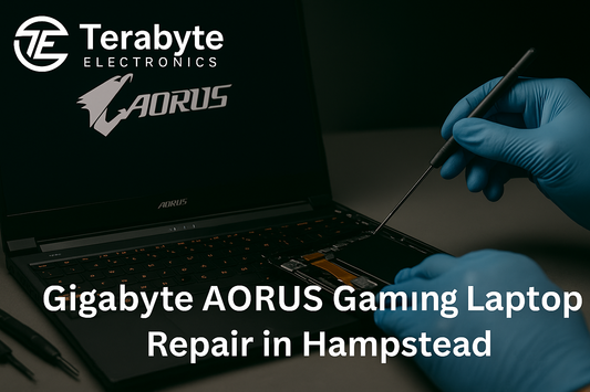 Gigabyte AORUS gaming laptop repair in Hampstead – Terabyte Electronics blog banner with technician repairing laptop internals and AORUS logo on screen