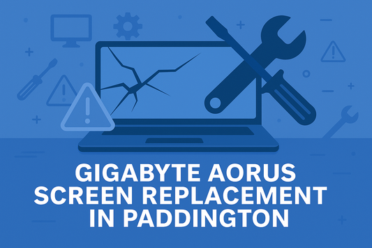 Landscape illustration of a cracked Gigabyte Aorus laptop screen with repair tools and warning icon, promoting “Gigabyte Aorus Screen Replacement in Paddington” in bold white text.