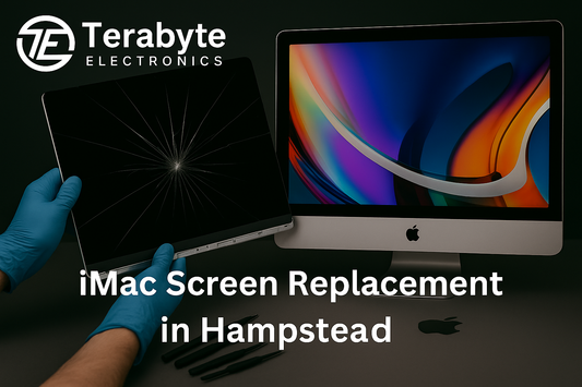 iMac screen replacement in Hampstead – Terabyte Electronics blog banner showing technician holding cracked iMac screen beside a fully working display