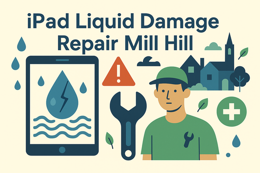 Illustration showing iPad Liquid Damage Repair in Mill Hill, featuring a technician, damaged iPad with water drops, warning icon, and Mill Hill town graphics, promoting iPad Liquid Damage Repair NW7 services.