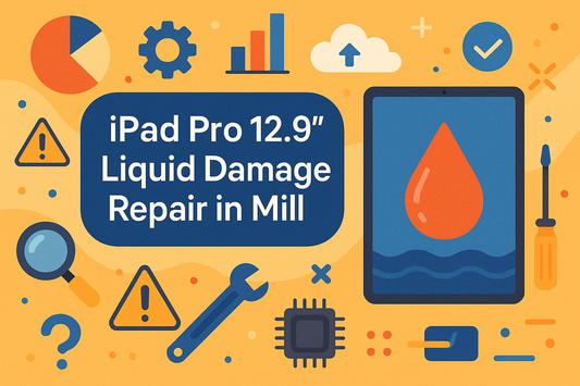 An infographic by Terabyte Electronics for iPad Pro 12.9" liquid damage repair in Mill Hill. The image features a water-damaged iPad and various repair icons, including a warning sign, wrench, screwdriver, and a computer chip.