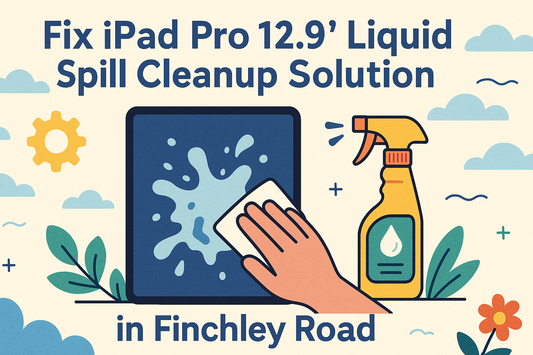 Hand wiping liquid from iPad Pro 12.9 screen with spray bottle nearby, illustrating spill cleanup solution for iPad repair on Finchley Road.