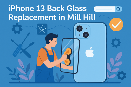 Illustration of iPhone 13 back glass replacement in Mill Hill with technician and repair tools in a blue-themed landscape design