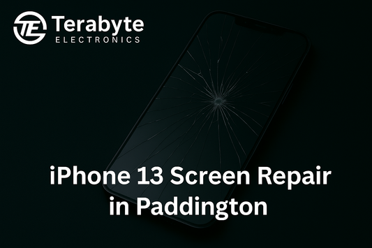 iPhone 13 screen repair in Paddington – Terabyte Electronics blog banner with cracked iPhone display and repair service text overlay