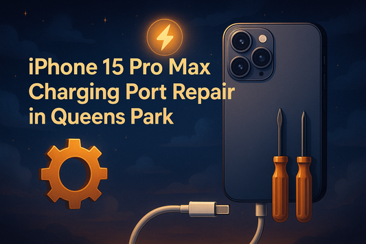 Illustration for iPhone 15 Pro Max charging port repair in Queens Park, featuring sleek iPhone design, repair tools, charging cable, and glowing lightning icon on a dark starry background.