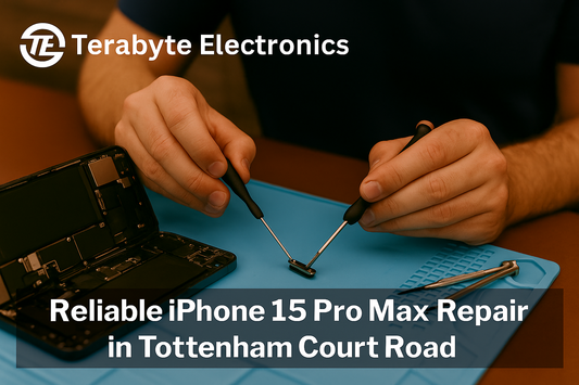 Technician performing reliable iPhone 15 Pro Max repair with precision tools at Terabyte Electronics in Tottenham Court Road
