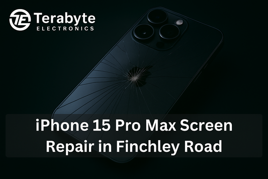iPhone 15 Pro Max screen repair service in Finchley Road by Terabyte Electronics – expert cracked screen replacement.