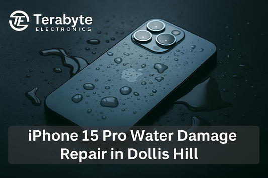 Terabyte Electronics blog image showing an iPhone 15 Pro with water droplets, promoting professional water damage repair services in Dollis Hill.