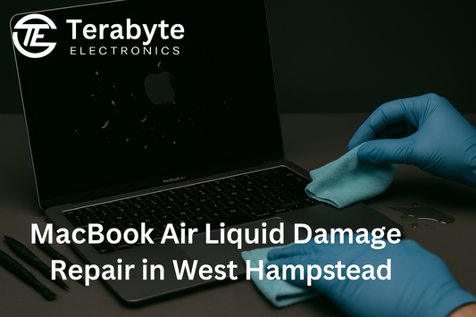 MacBook Air liquid damage repair in West Hampstead – Terabyte Electronics blog banner with technician cleaning water-damaged laptop keyboard and screen