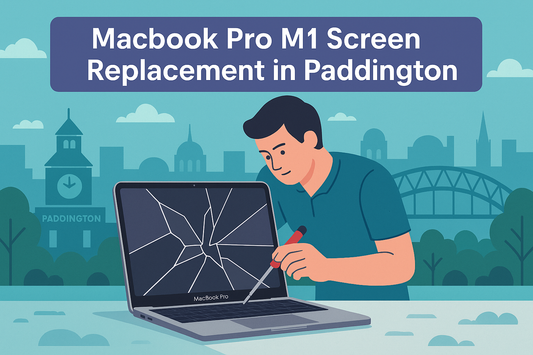 Technician repairing cracked MacBook Pro M1 screen with Paddington city landmarks in the background, promoting screen replacement service.