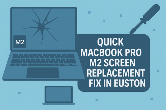 Digital illustration showing a cracked-screen MacBook Pro M2, repair tools, and the bold title “Quick MacBook Pro M2 Screen Replacement Fix in Euston” on a modern blue background.