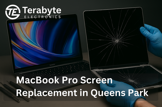 MacBook Pro screen replacement in Queens Park – Terabyte Electronics blog banner showing cracked screen being replaced with a working display