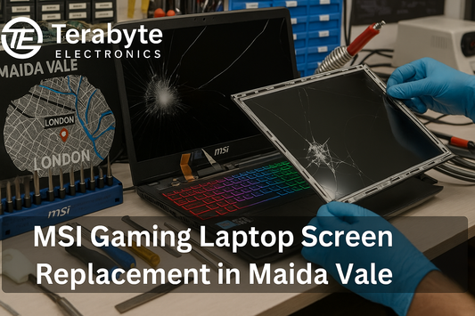 MSI gaming laptop screen replacement in Maida Vale – Terabyte Electronics blog banner showing cracked MSI display with technician repairing and tools