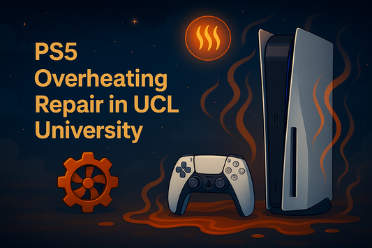 Digital illustration for PS5 overheating repair in UCL University, featuring a PlayStation 5 console, DualSense controller, heat icon, and cooling gear symbol with rising heat waves against a dark starry background.