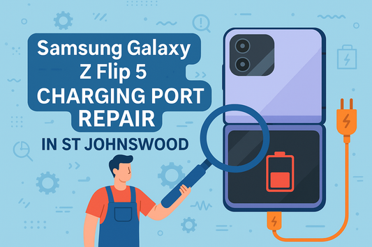 Illustration of Samsung Galaxy Z Flip 5 charging port repair service in St Johnswood, featuring a technician with magnifying glass inspecting the phone and a charging cable icon.