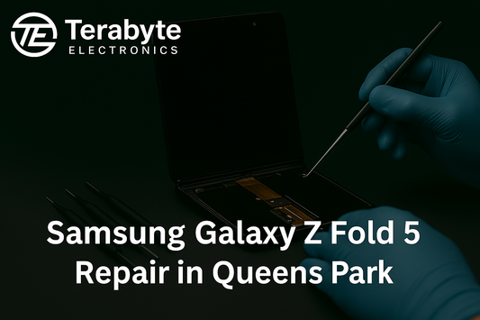 Terabyte Electronics technician repairing Samsung Galaxy Z Fold 5 in Queens Park with precision tools