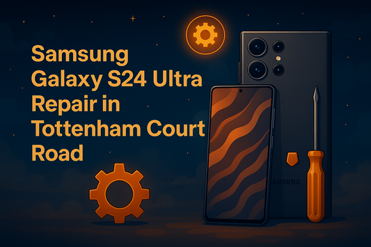 Digital illustration for Samsung Galaxy S24 Ultra repair in Tottenham Court Road, featuring the phone, screwdriver, and gear icons on a dark blue starry background with warm orange highlights.