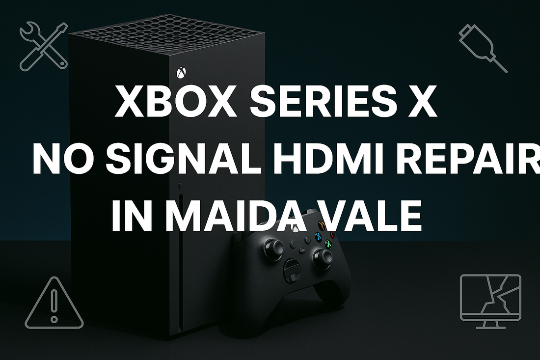 Xbox Series X console and controller with bold text overlay reading "Xbox Series X No Signal HDMI Repair in Maida Vale," surrounded by repair and warning icons on a dark background.