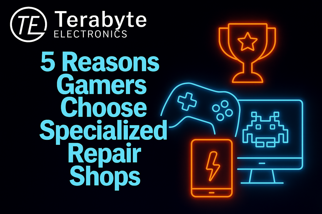 5 reasons gamers choose specialized repair shops – neon gaming icons, controller, trophy, and device repair symbols – Terabyte Electronics blog image.