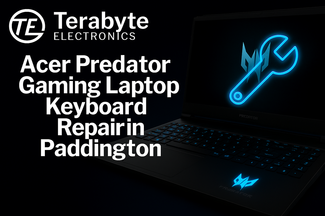 Acer Predator gaming laptop with glowing blue wrench icon representing keyboard repair – Terabyte Electronics blog image for ‘Acer Predator Gaming Laptop Keyboard Repair in Paddington’.