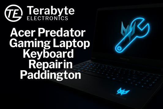 Acer Predator gaming laptop with glowing blue wrench icon representing keyboard repair – Terabyte Electronics blog image for ‘Acer Predator Gaming Laptop Keyboard Repair in Paddington’.