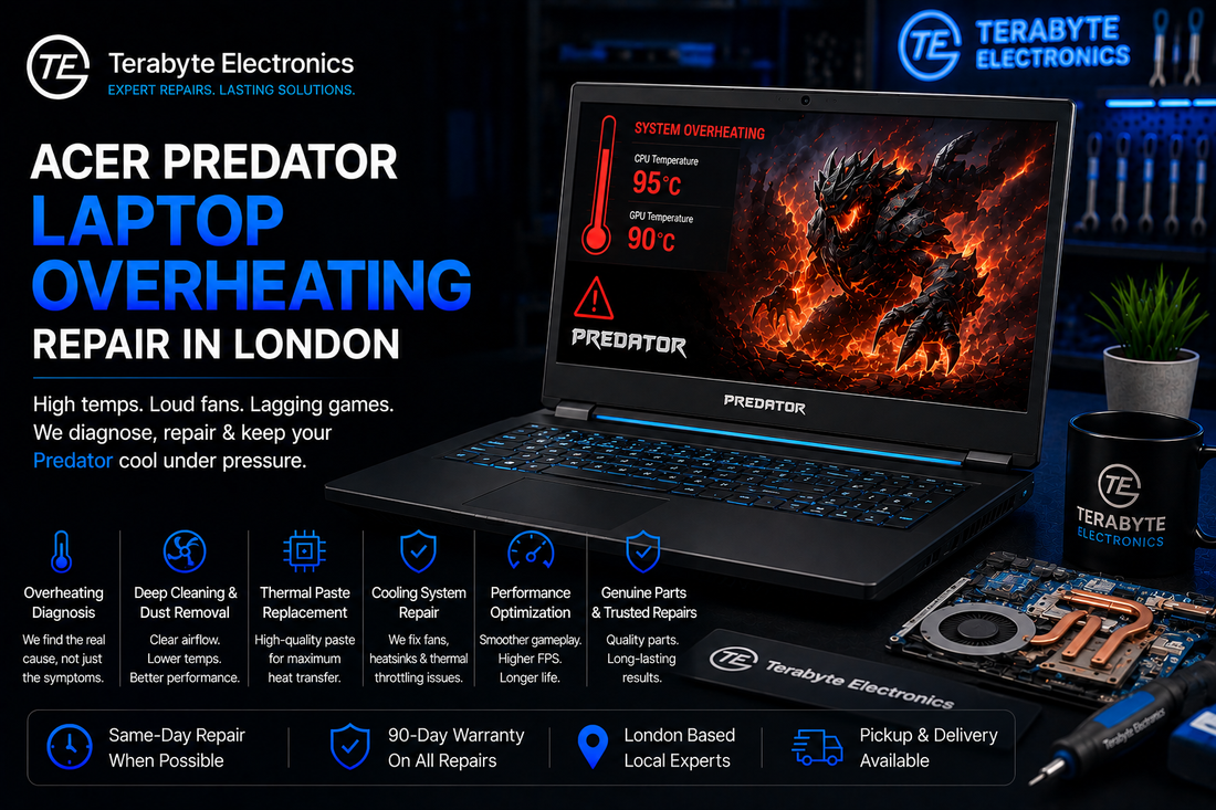 Terabyte Electronics banner for Acer Predator laptop overheating repair in London, showing thermal diagnostic solutions.