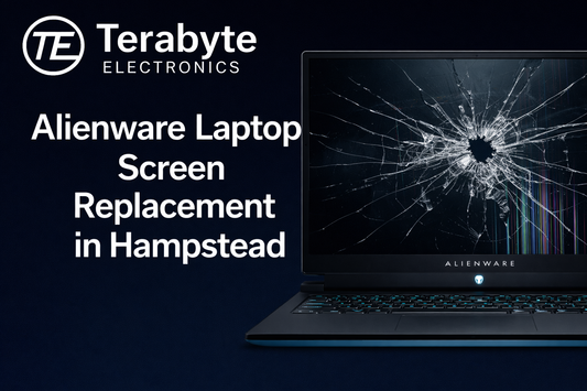 Alienware laptop with cracked screen displayed for professional screen replacement service in Hampstead by Terabyte Electronics
