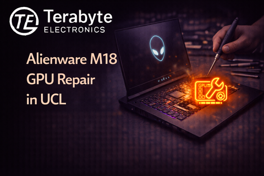 Alienware M18 GPU repair in UCL showing gaming laptop graphics card issue fixed by Terabyte Electronics technicians