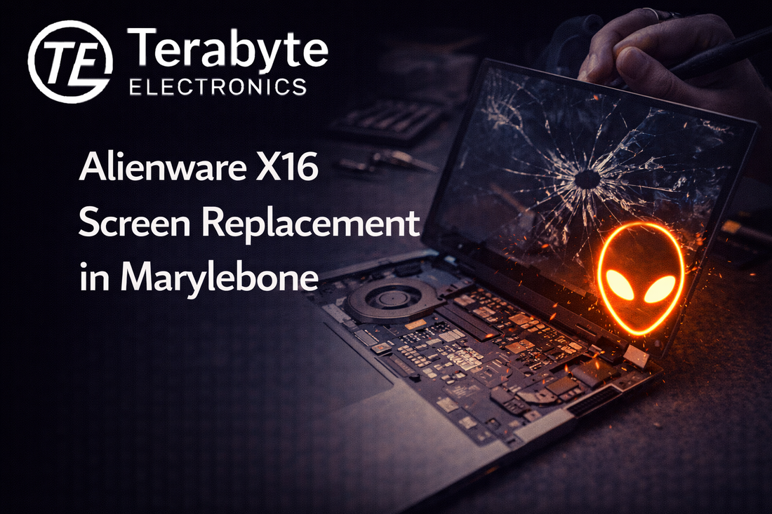 Alienware X16 gaming laptop with a cracked display undergoing professional screen replacement by Terabyte Electronics in Marylebone