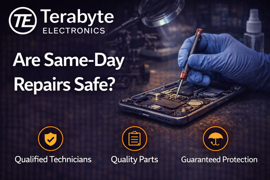 Technician performing same-day smartphone repair on internal components, explaining the safety of same-day repairs by Terabyte Electronics