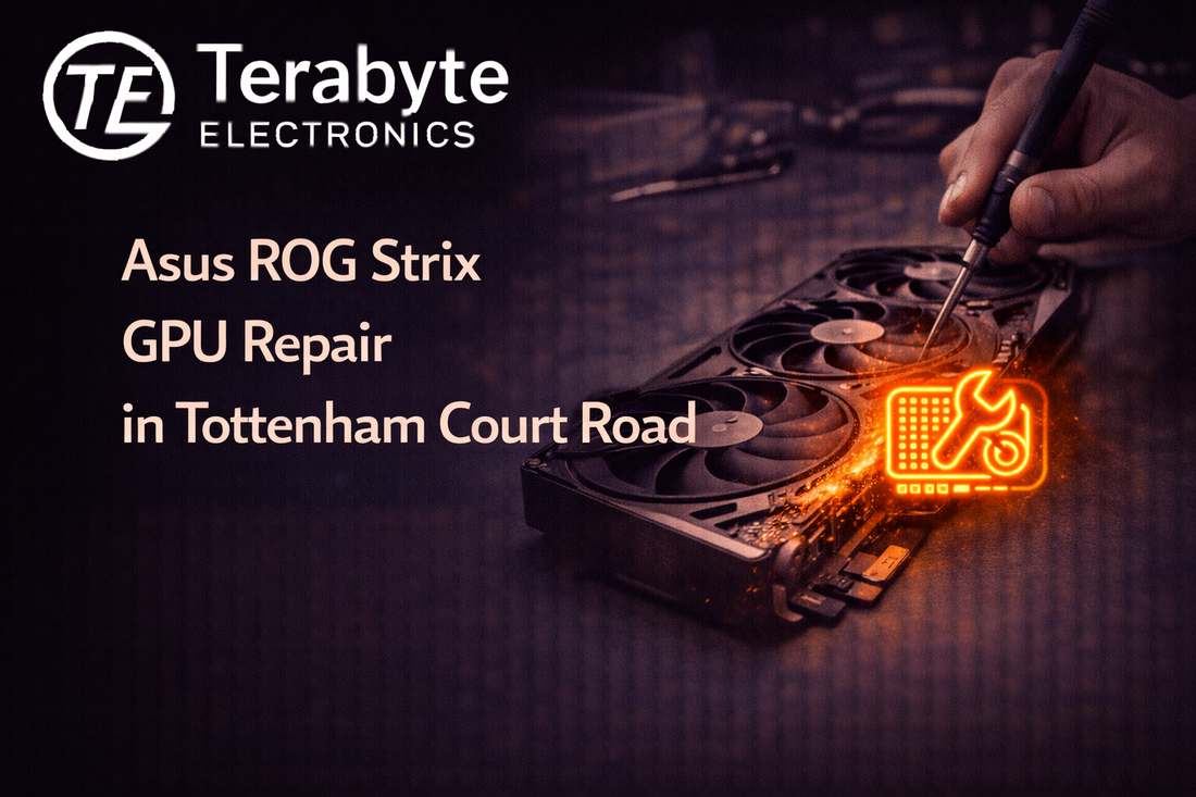 Asus ROG Strix GPU repair service in Tottenham Court Road by Terabyte Electronics, showing professional graphics card repair and component-level fixing.