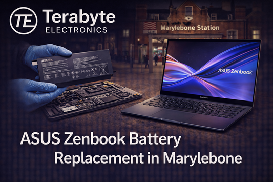 ASUS ZenBook battery replacement in Marylebone by Terabyte Electronics, showing laptop battery being professionally replaced near Marylebone Station
