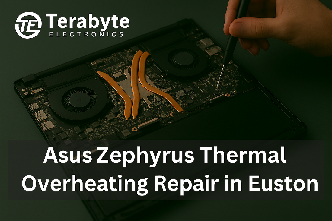 An opened Asus Zephyrus laptop is being serviced, with a technician's hand holding a tool over the cooling system. The text "Asus Zephyrus Thermal Overheating Repair in Euston" is visible below the image. The Terabyte Electronics logo.