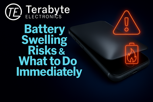 Swollen smartphone battery lifting the screen with warning and fire icons – Battery swelling risks and emergency steps by Terabyte Electronics