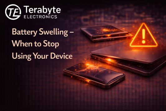 Battery swelling warning on smartphone and laptop with safety alert icon – Terabyte Electronics device repair service in London