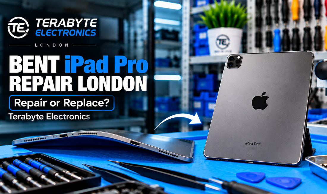 Bent Apple iPad Pro with curved frame undergoing repair or replacement assessment at Terabyte Electronics London