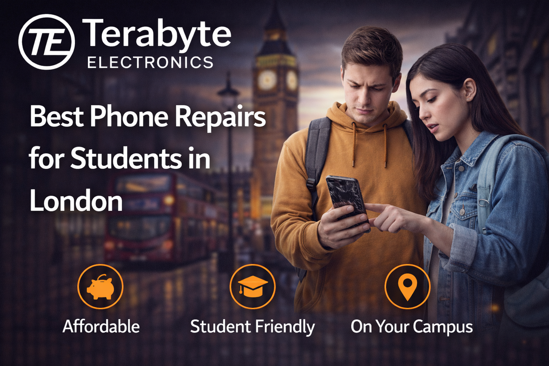 Affordable phone repair services for students in London, showing students checking a damaged smartphone near a university campus with Terabyte Electronics branding