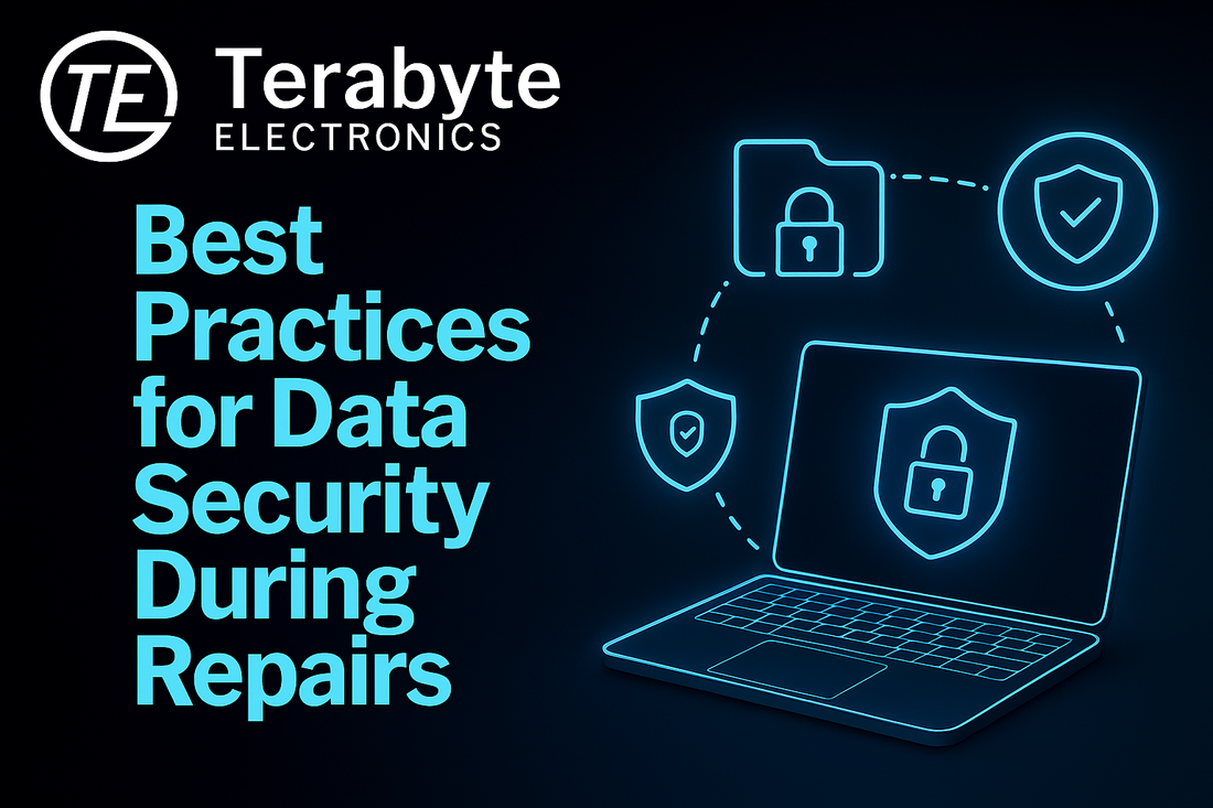 Terabyte Electronics blog image showing laptop with glowing security icons, shield, and lock — illustrating best practices for data security during device repairs.