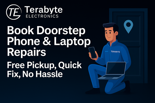 Book doorstep phone and laptop repairs – Terabyte Electronics promo image featuring a technician with a phone and laptop, highlighting free pickup and quick repair service.
