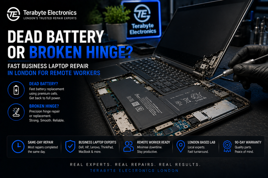 Replacing a swollen lithium polymer battery pack inside a corporate business laptop on a static-safe bench at Terabyte Electronics London.