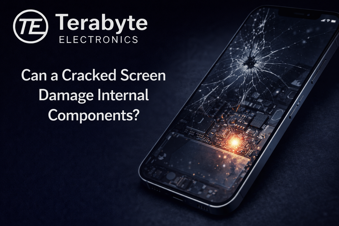 Cracked smartphone screen revealing internal components, explaining whether a cracked screen can damage internal parts