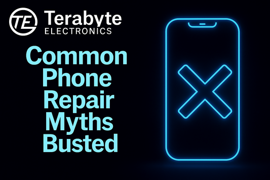 Neon blue smartphone with an X symbol representing myth-busting – Terabyte Electronics blog image for ‘Common Phone Repair Myths Busted’.